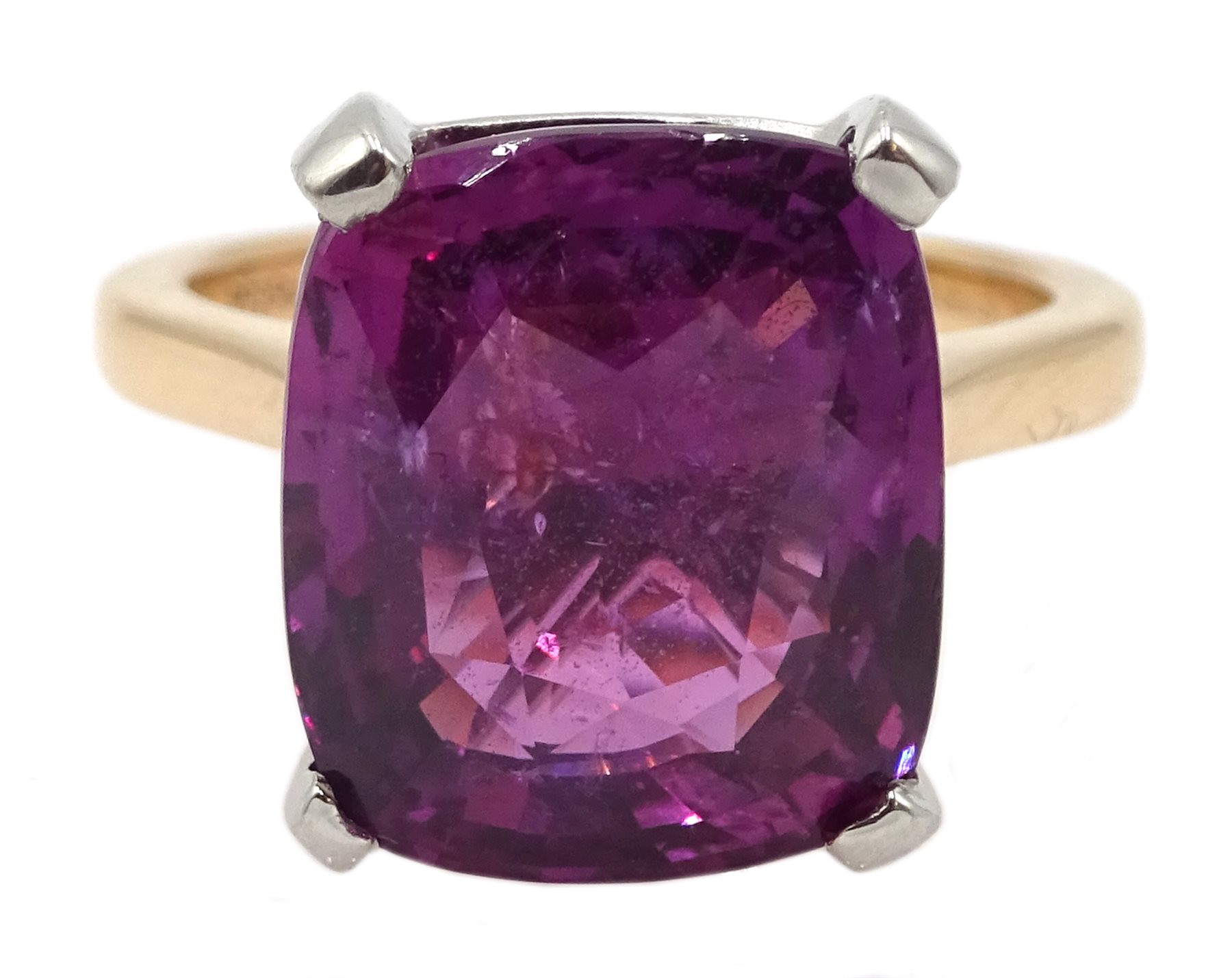 Platinum and 18ct rose gold pink/purple sapphire ring, hallmarked and stamped 950, sapphire 10.08 ca