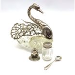 Swan salt with pierced silver hinged wings and neck, import marks and three other items