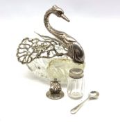 Swan salt with pierced silver hinged wings and neck, import marks and three other items