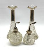 Pair of Edwardian hobnail cut glass scent flasks with silver collars H20cm Birmingham 1907, hobnail