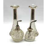 Pair of Edwardian hobnail cut glass scent flasks with silver collars H20cm Birmingham 1907, hobnail