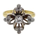 9ct gold and platinum old cut diamond, open work flower head cluster ring, central diamond approx 0.