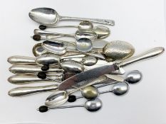 Six silver handled pastry knives, five silver coffee spoons, five bead knop spoons and various other