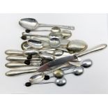 Six silver handled pastry knives, five silver coffee spoons, five bead knop spoons and various other