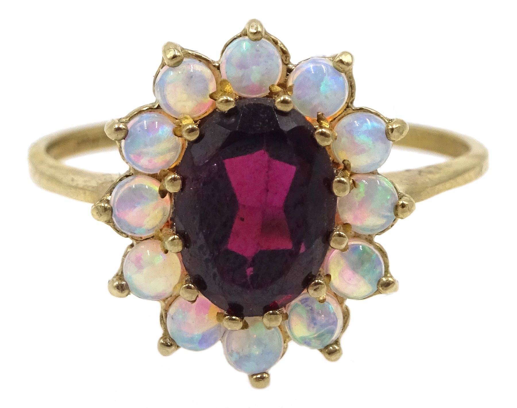 9ct gold garnet and opal cluster ring, hallmarked