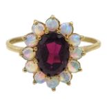 9ct gold garnet and opal cluster ring, hallmarked