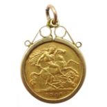 1908 gold half sovereign, loose mounted in 9ct gold pendant hallmarked