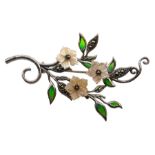 Silver enamel marcasite flower brooch, stamped 925