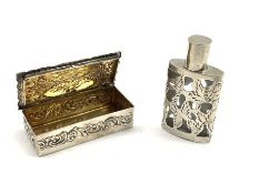 Antique design silver snuff or trinket box embossed with cherubs and scrolls and with gilded interio