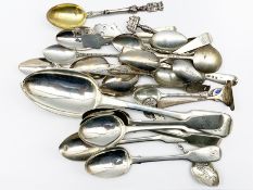 Victorian silver fiddle pattern table spoon, four silver tea spoons by Peter and Ann Bateman, other