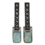 Pair of silver opal and marcasite pendant earrings, stamped 925