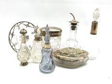 Glass and silver atomiser, four silver and glass scent flasks, two glass dressing table jars with si