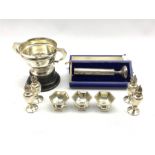 Small silver two handled trophy 'Yorkshire Automobile Club 1924', four Sterling silver pepperettes,