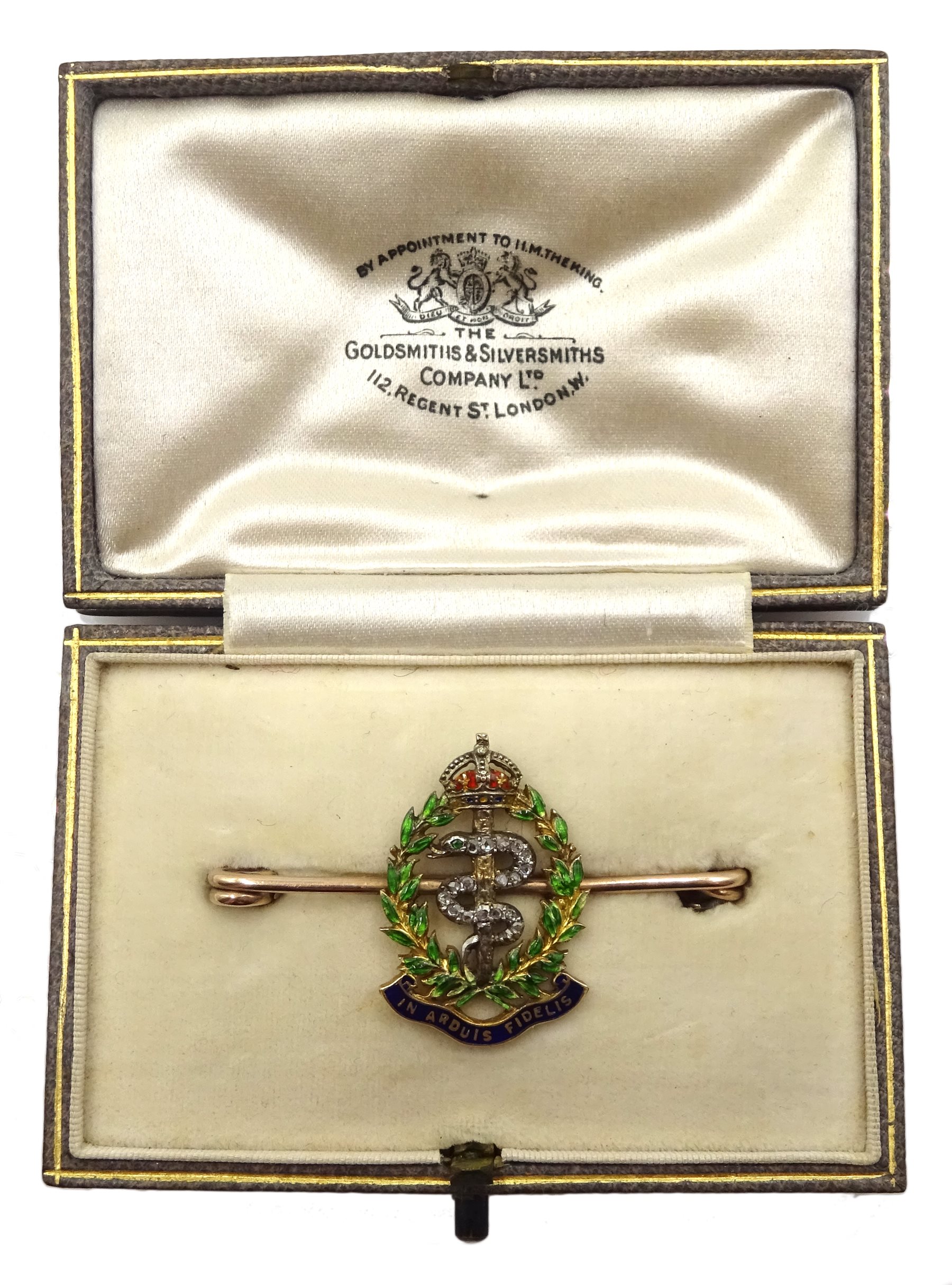 Royal Army Medical Corps gold brooch, enamelled motto 'In Arduis Fidelis', wreath and crown, the ser - Image 2 of 5