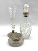 Cut glass decanter with silver collar Birmingham 1985, glass trumpet shape vase on a silver base H26