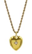 Edwardian 15ct gold old cut diamond, heart shaped locket pendant stamped, on 9ct gold rope twist nec