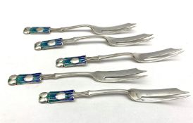 Five silver Art Nouveau pastry forks, the enamel finials shading from green to turquoise to blue Bir
