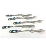 Five silver Art Nouveau pastry forks, the enamel finials shading from green to turquoise to blue Bir