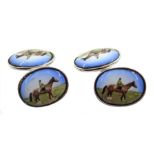 Silver enamelled horse cufflinks, stamped 925