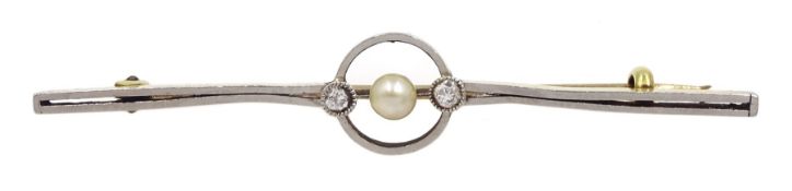 Early 20th century gold pearl and diamond set brooch, stamped 15ct, retailed by Brook & Son Goldsmit