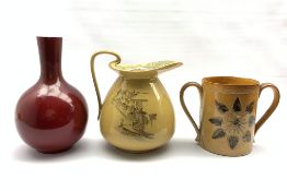 19th century Doulton Lambeth salt glaze twin-handled loving cup H19cm, Bernard Moore flambe bottle v
