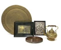 Two plated relief pictures, Victorian kettle, small oval Georgian tray and a brass circular tray