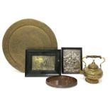 Two plated relief pictures, Victorian kettle, small oval Georgian tray and a brass circular tray