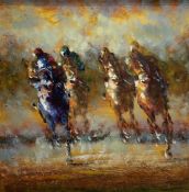 Indistinctly signed oil on canvas of a horse racing scene, 75cm x 75cm