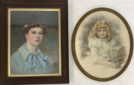 Oval watercolour portrait of Helen Garstin, 46cm x 38cm and May Ward head and shoulders pastel portr