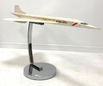 Large model of the British Airways Concord aeroplane, mounted on a circular chrome stand, L120cm