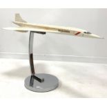 Large model of the British Airways Concord aeroplane, mounted on a circular chrome stand, L120cm