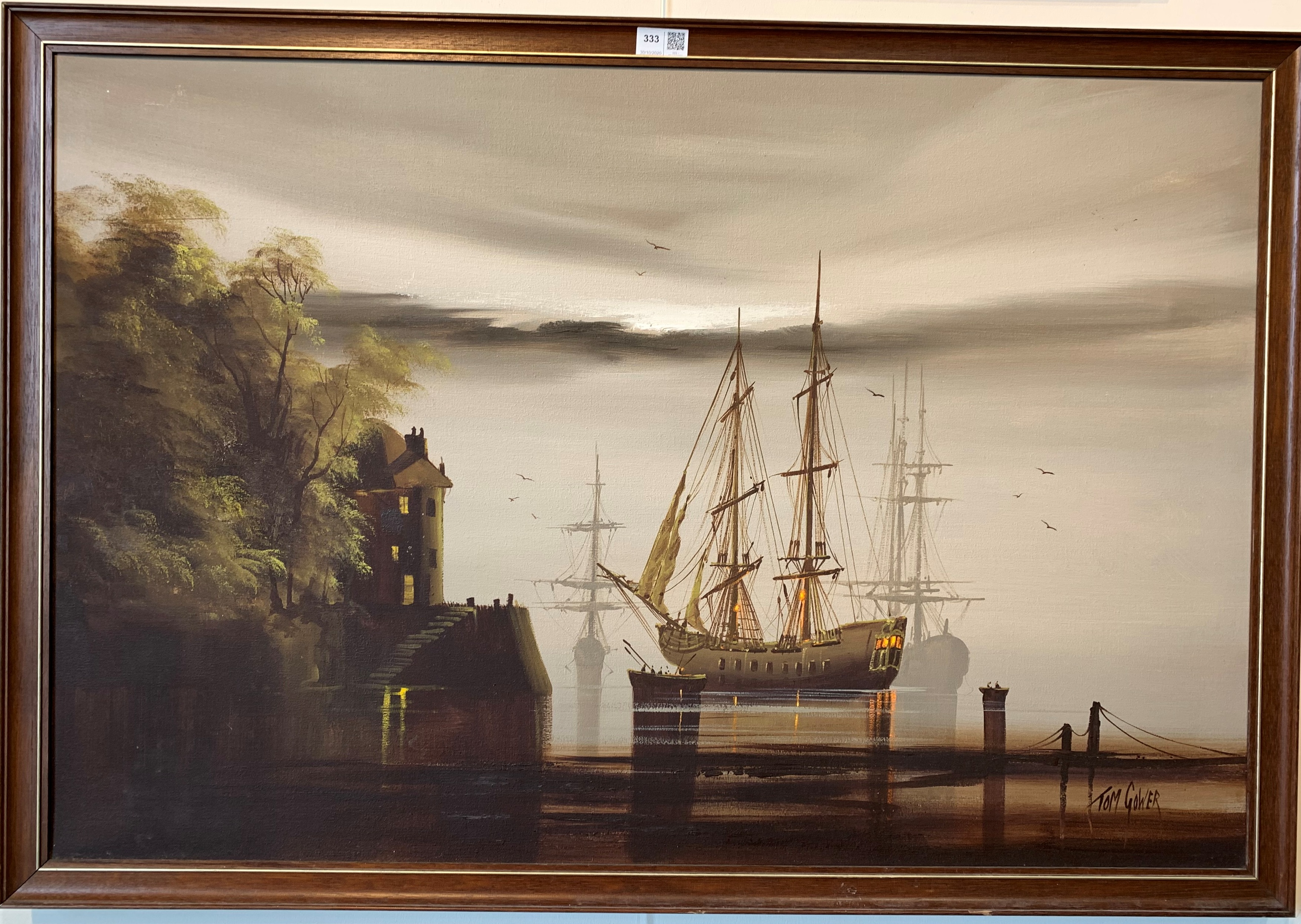 Tom Gower modern oil on canvas of 19th Century war ships, signed, 60cm x 90cm - Image 2 of 2