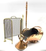 Victorian copper coal scuttle together with a brass fire guard, copper warming pan with turned oak h