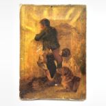 Unsigned early 19th Century oil on canvas of a boy hunter with dogs and dead game 37cm x 26cm (unfra