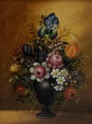 Indistinctly signed Continental still life, oil on board of a vase of flowers, 28cm x 22cm