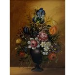 Indistinctly signed Continental still life, oil on board of a vase of flowers, 28cm x 22cm