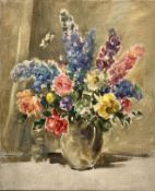 Owen Bowen (Staithes Group 1873-1967) Still life oil on canvas of a vase of flowers, the reverse pai