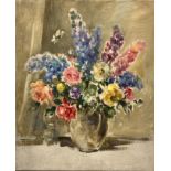 Owen Bowen (Staithes Group 1873-1967) Still life oil on canvas of a vase of flowers, the reverse pai