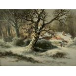 W Stone winter landscape with figures outside a cottage, oil on board, 23cm x 29cm