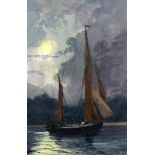 Boat under Moonlight, 20th century watercolour indistinctly signed 24cm x 16cm