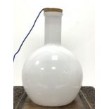 Opaque glass lamp shade of bottle form with cork top and blue cord, H42cm