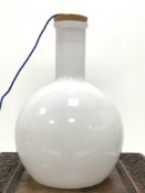 Opaque glass lamp shade of bottle form with cork top and blue cord, H42cm