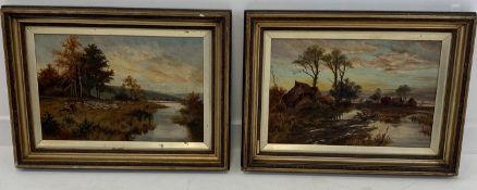 Pair of late Victorian oil paintings on canvas of river landscapes with cottages, figures, sheep etc