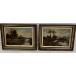 Pair of late Victorian oil paintings on canvas of river landscapes with cottages, figures, sheep etc