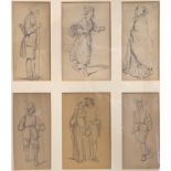 Henri Griset series of six pencil drawings of 19th Century figures, larger 13cm x 8cm, in one frame.