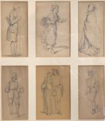 Henri Griset series of six pencil drawings of 19th Century figures, larger 13cm x 8cm, in one frame.