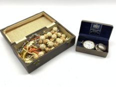 Quantity of costume jewellery, silver fob watch, engraved silver sovereign case, filigree brooches e