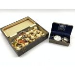 Quantity of costume jewellery, silver fob watch, engraved silver sovereign case, filigree brooches e