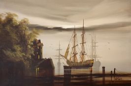 Tom Gower modern oil on canvas of 19th Century war ships, signed, 60cm x 90cm