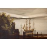 Tom Gower modern oil on canvas of 19th Century war ships, signed, 60cm x 90cm